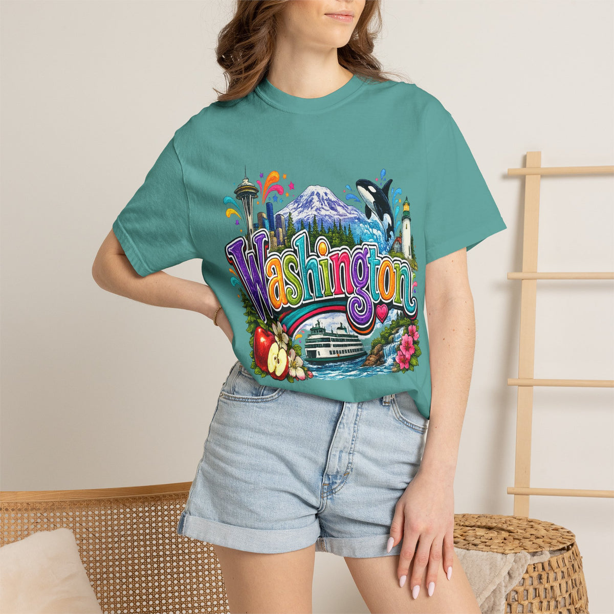 Washington State Scene T-shirt | Seattle Skyline, Orca, Apples