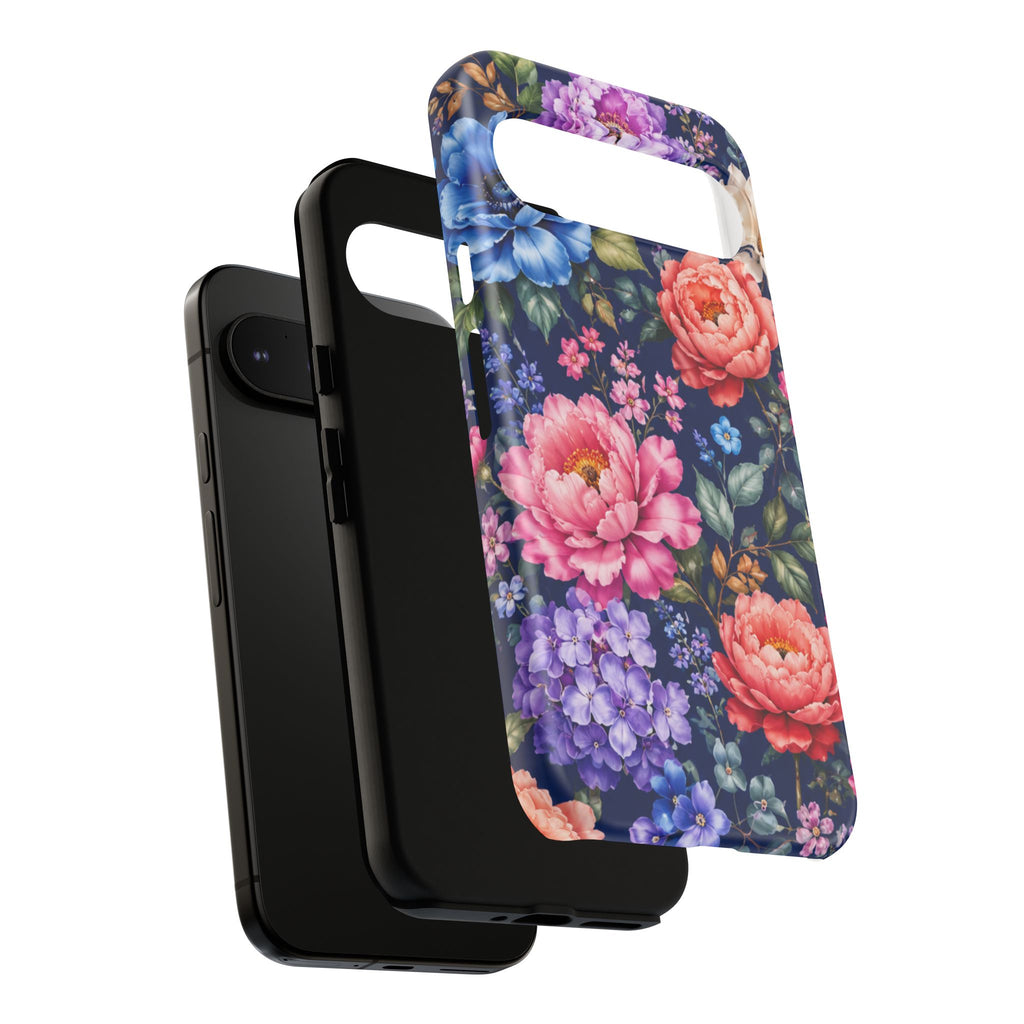 Floral Tough Phone Case – Vibrant Garden Flowers on Navy