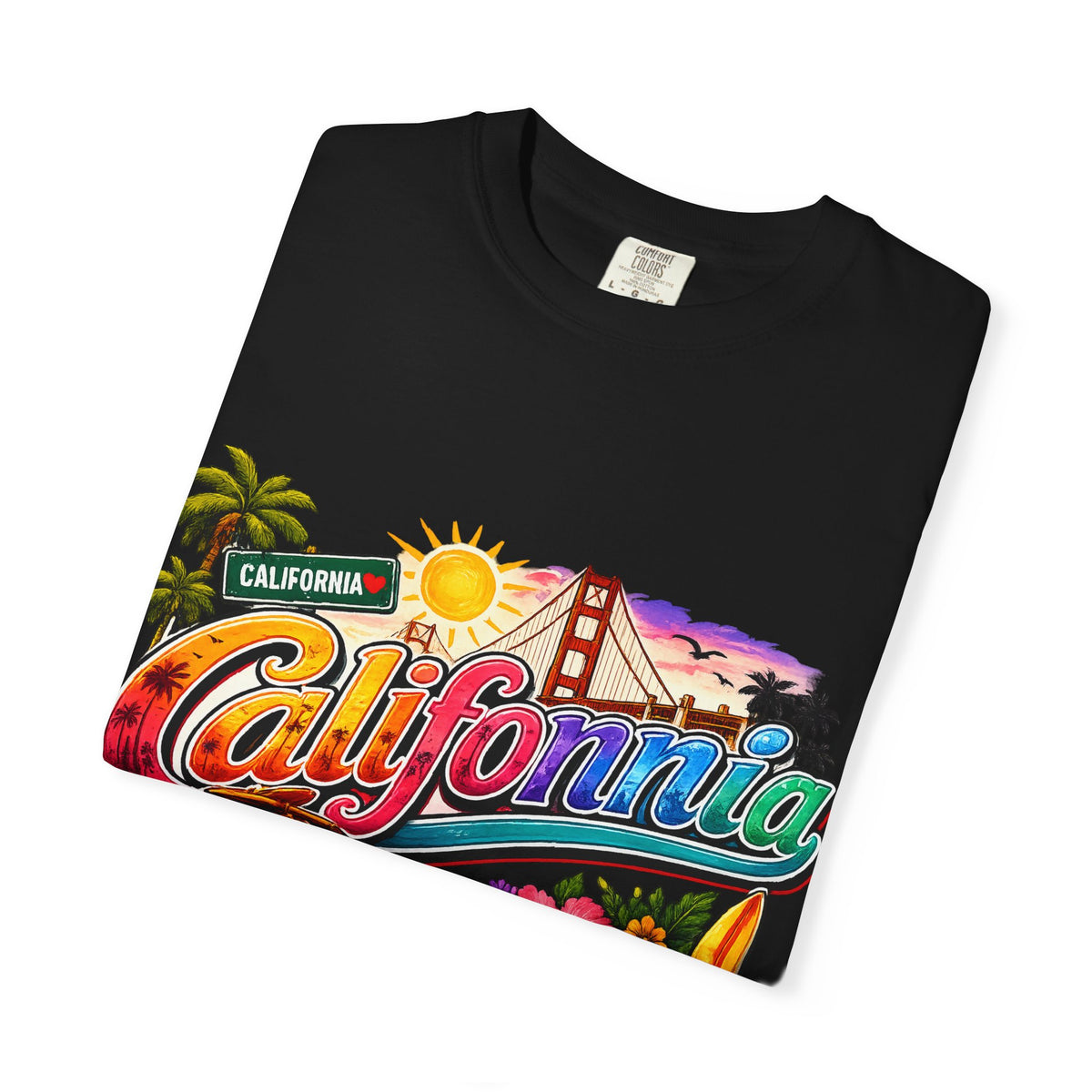 California Retro Sunset T-shirt | Golden Gate, Palm Trees & Surf