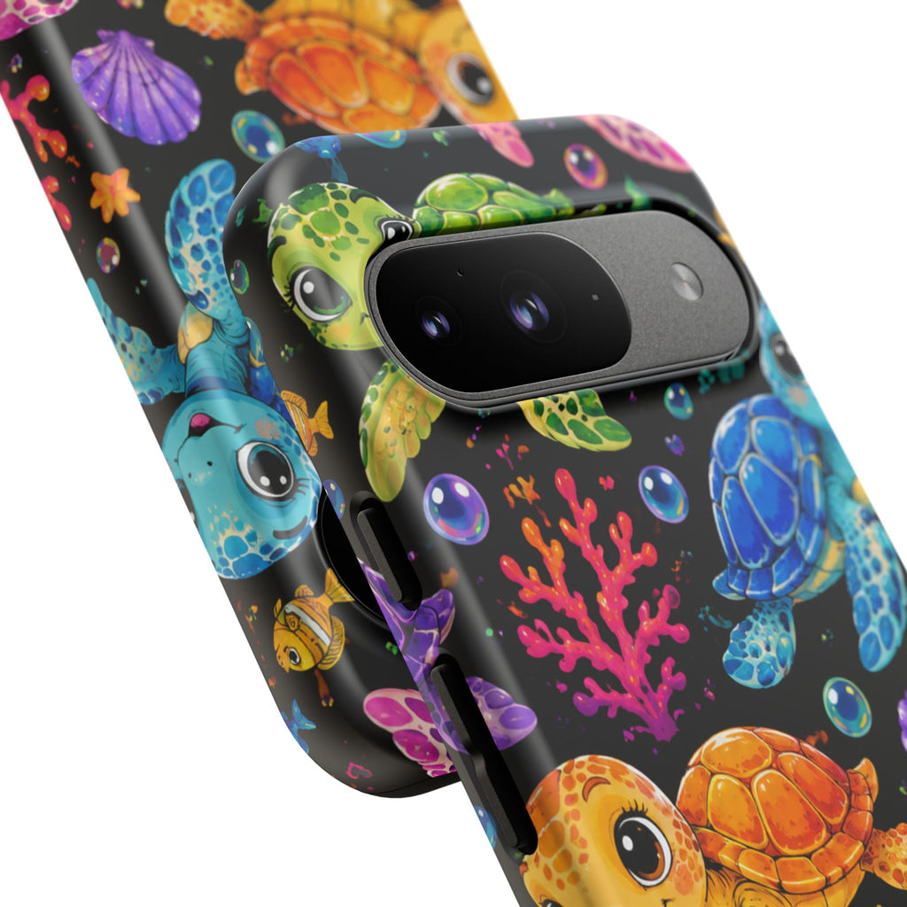 Phone Case — Colorful Cute Sea Turtles on Black (Protective Smartphone Cover)