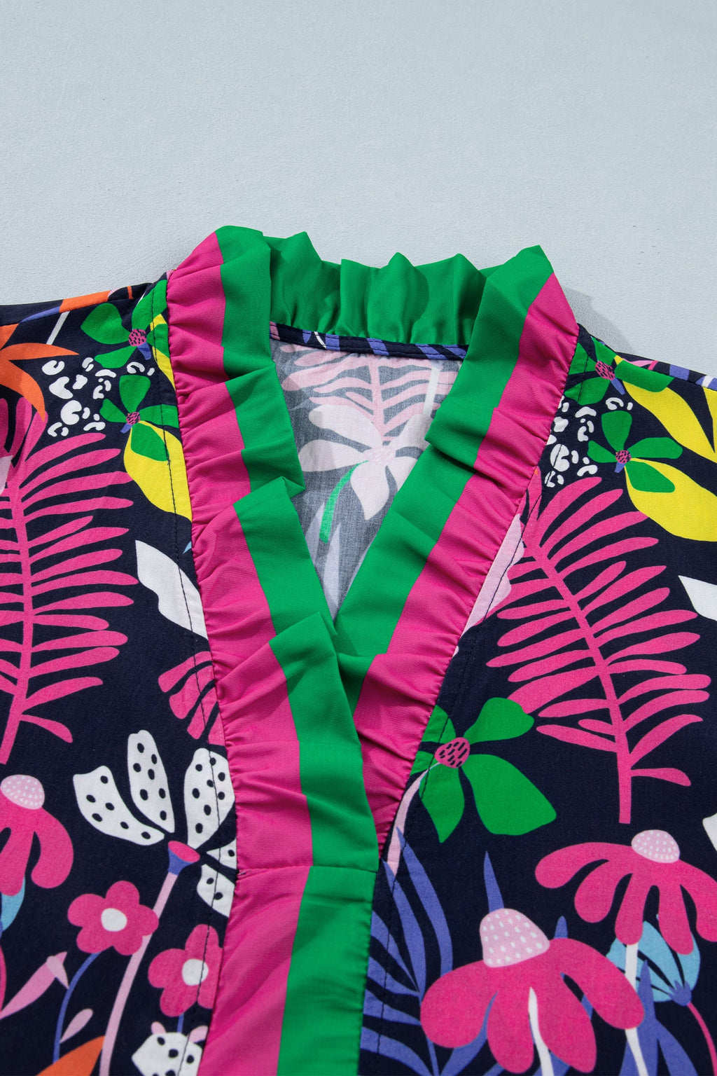 Floral Frilled Contrast Stripe V-Neck Blouse