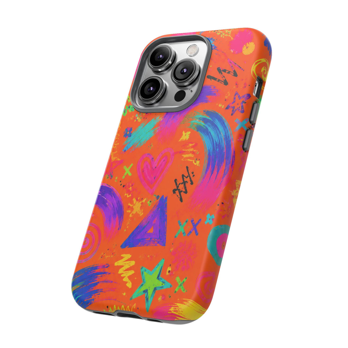 Colorful Neon Doodle Phone Case — Bright Abstract Stars & Hearts Tough Case