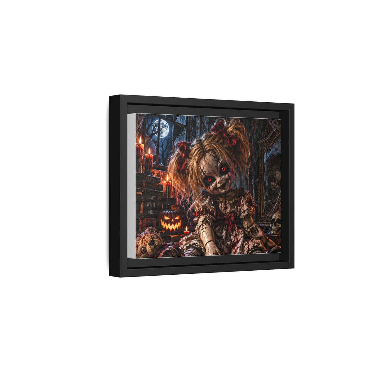 Creepy Halloween Doll Matte Framed Canvas — Spooky Haunted Nursery Wall Art