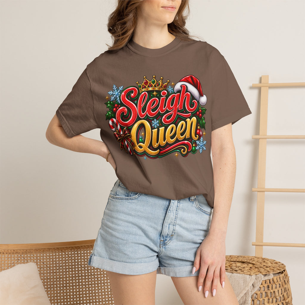 Sleigh Queen T-Shirt — Festive Christmas Holiday Tee with Santa Hat & Candy Cane Design
