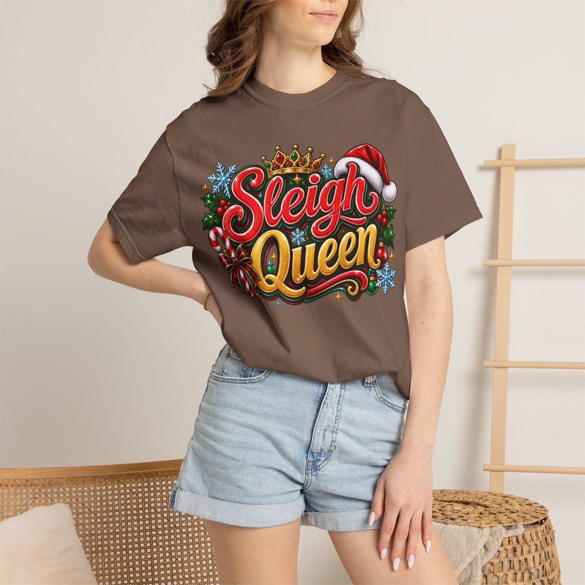 Sleigh Queen T-Shirt — Festive Christmas Holiday Tee with Santa Hat & Candy Cane Design