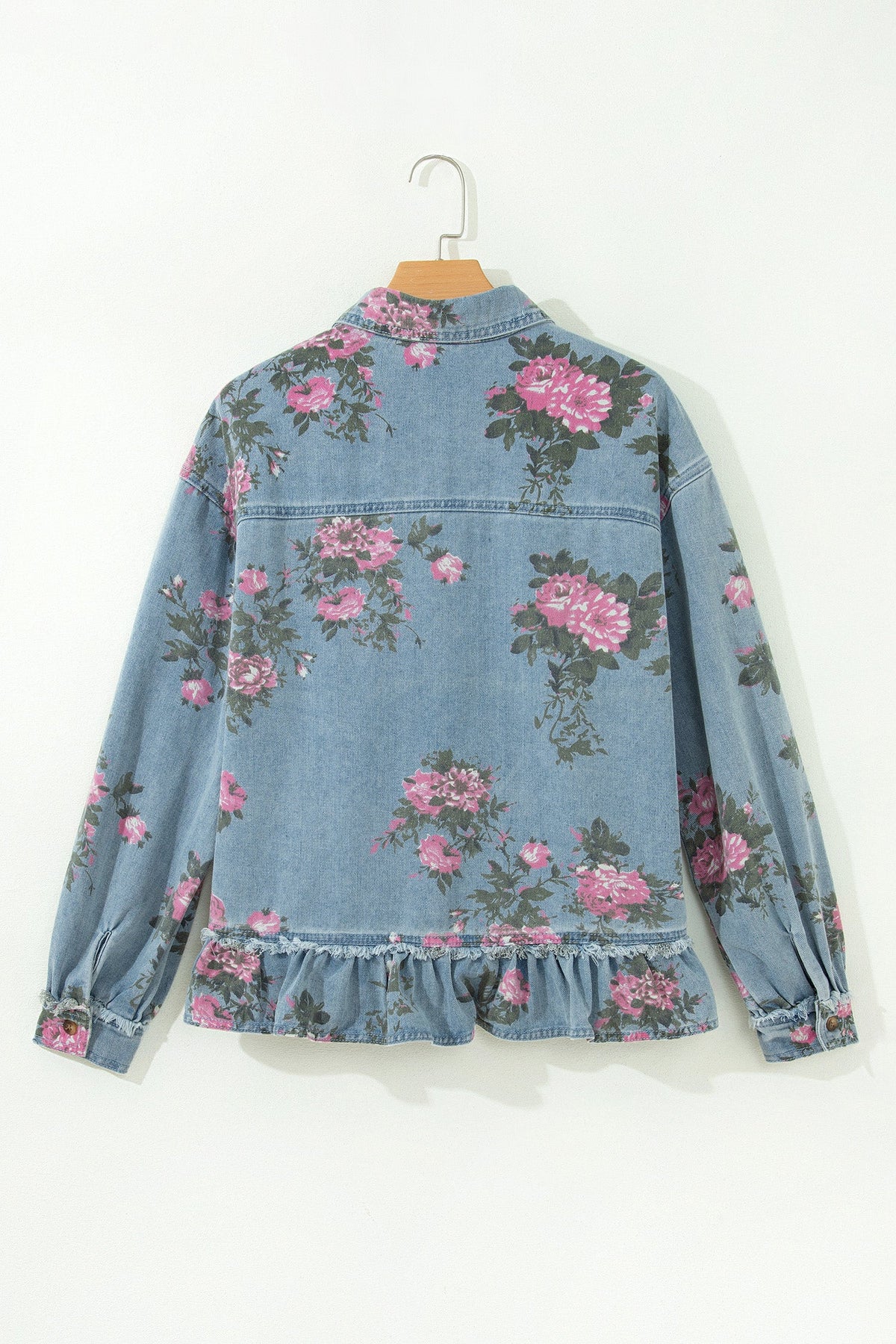Floral Denim Raw Seam Ruffle Hem Jacket