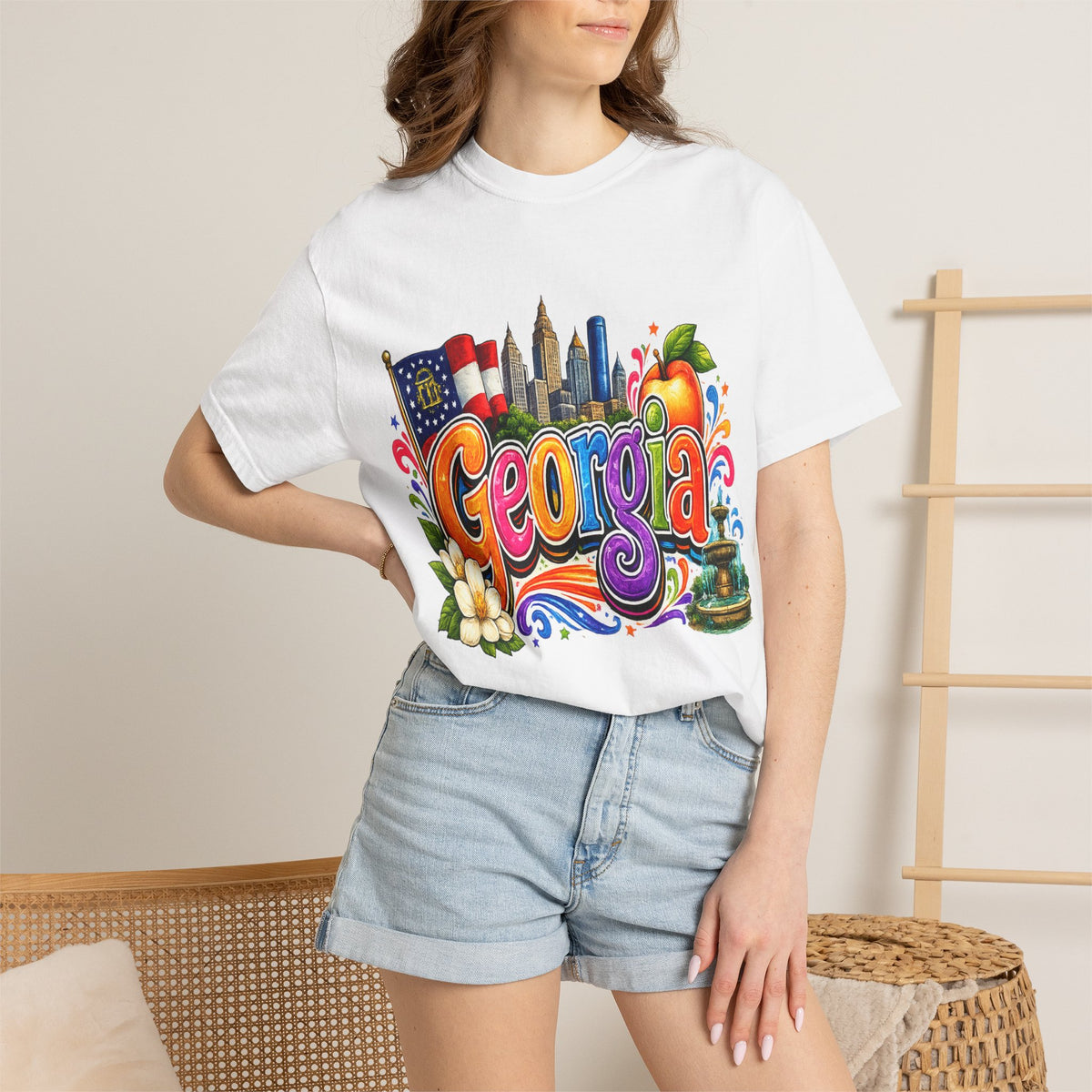 Georgia state illustration T-shirt | Atlanta skyline, peach, magnolia
