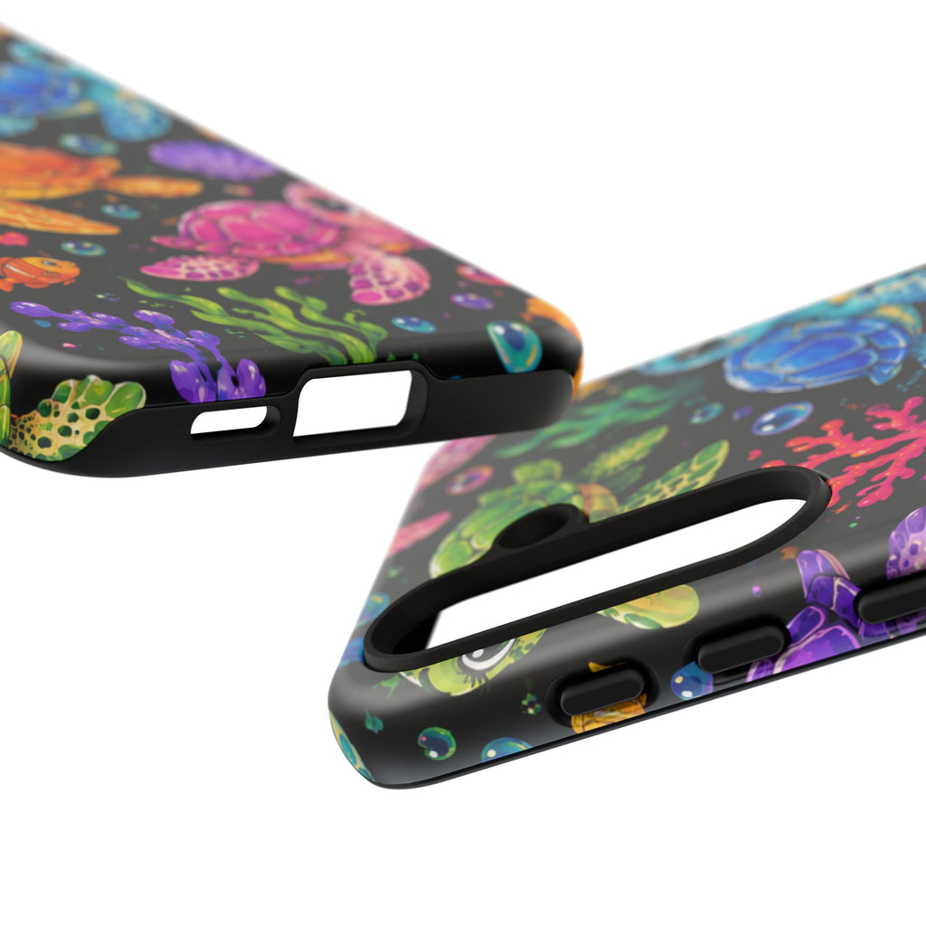 Phone Case — Colorful Cute Sea Turtles on Black (Protective Smartphone Cover)