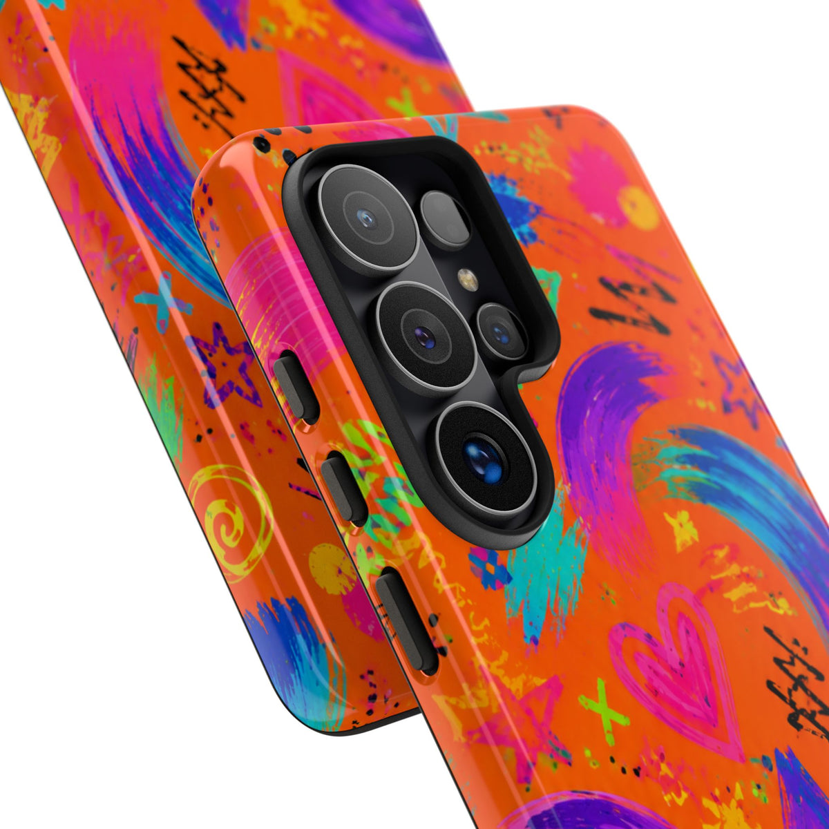 Colorful Neon Doodle Phone Case — Bright Abstract Stars & Hearts Tough Case