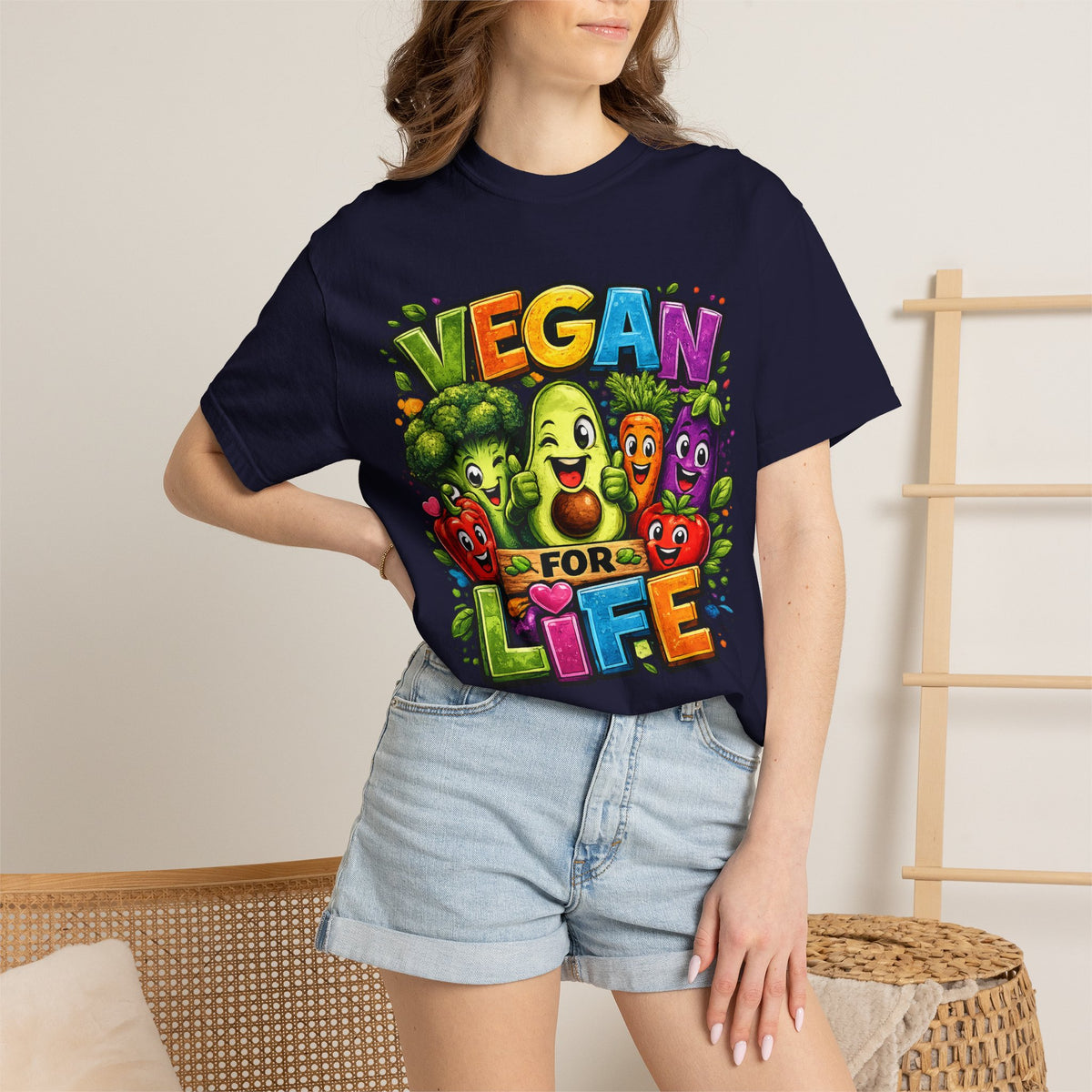 Vegan for Life T-Shirt | Colorful Cartoon Veggies Tee