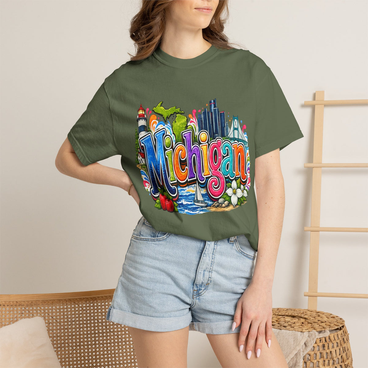 Michigan State Scene T-Shirt | Lighthouse, Skyline, Great Lakes