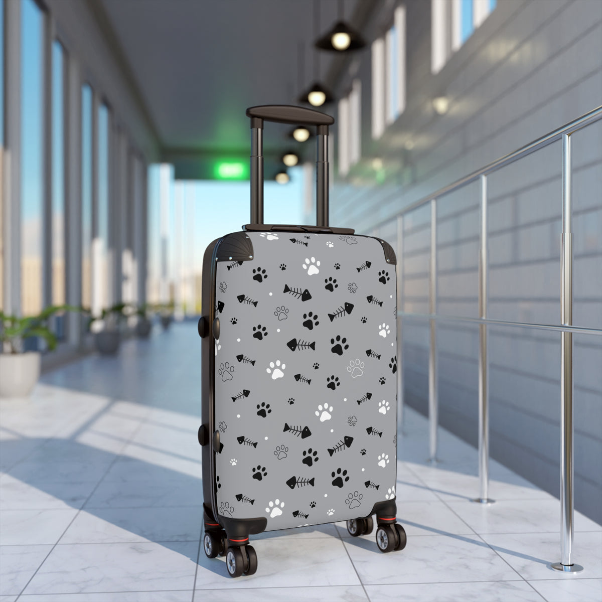 Pet Paw Print Suitcase — Grey Travel Luggage with Cat & Dog Paw Pattern