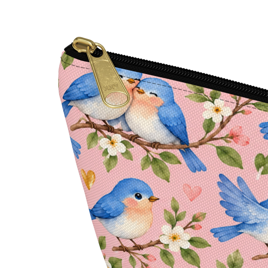 Bluebird Pattern Accessory Pouch | Pink Floral Zip Pouch