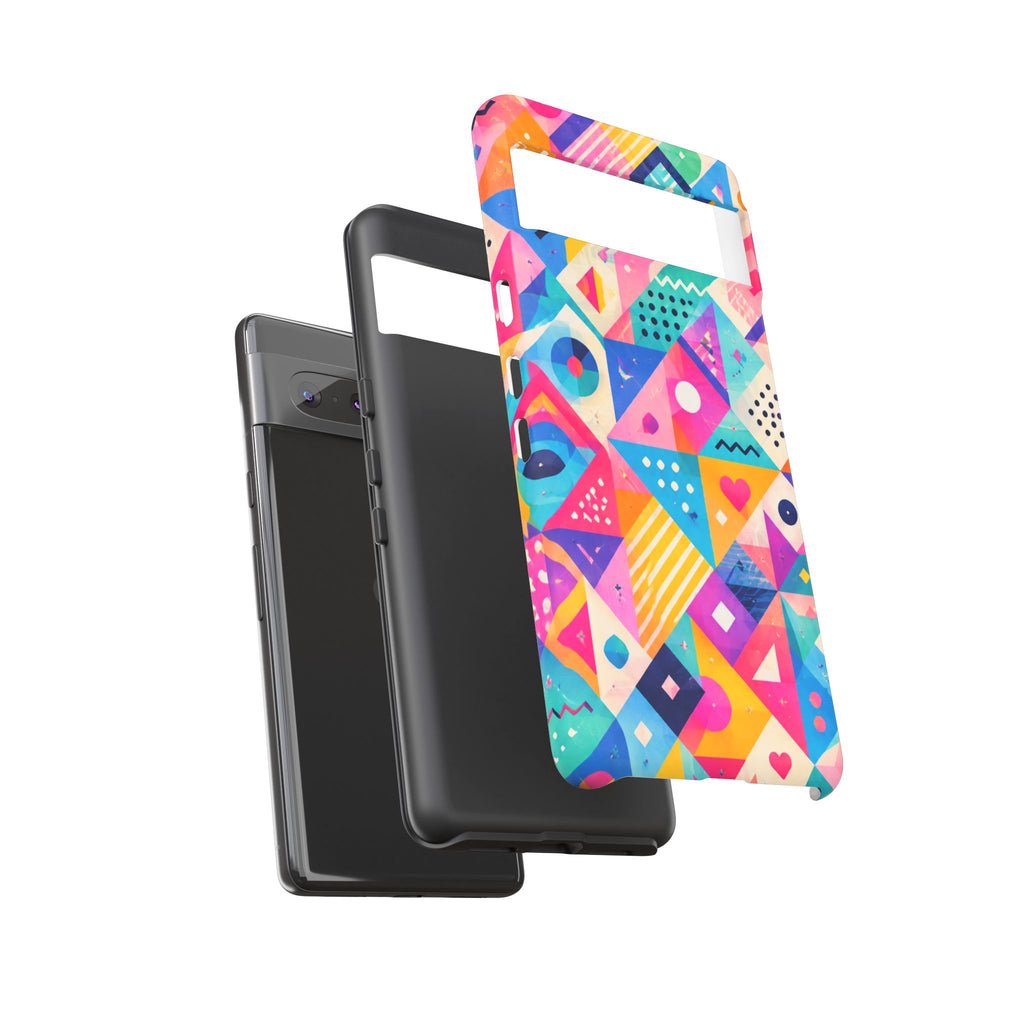 Colorful Geometric Tough Phone Case — Bright Abstract Heart & Triangle Pattern