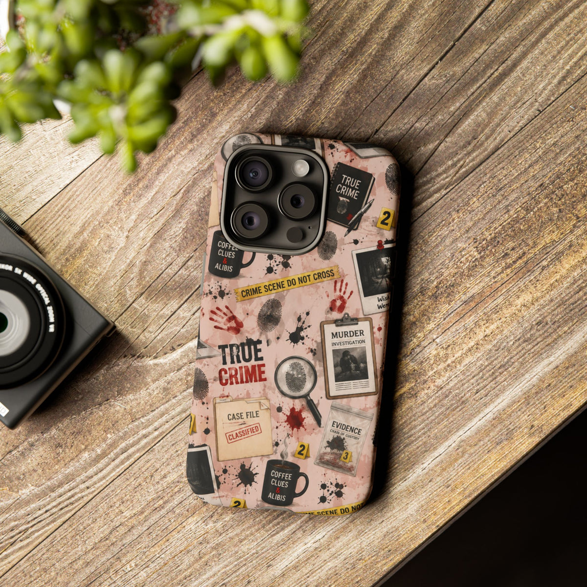 True Crime Pattern Phone Case – Detective Evidence, Crime Scene Tape & 'True Crime' Design