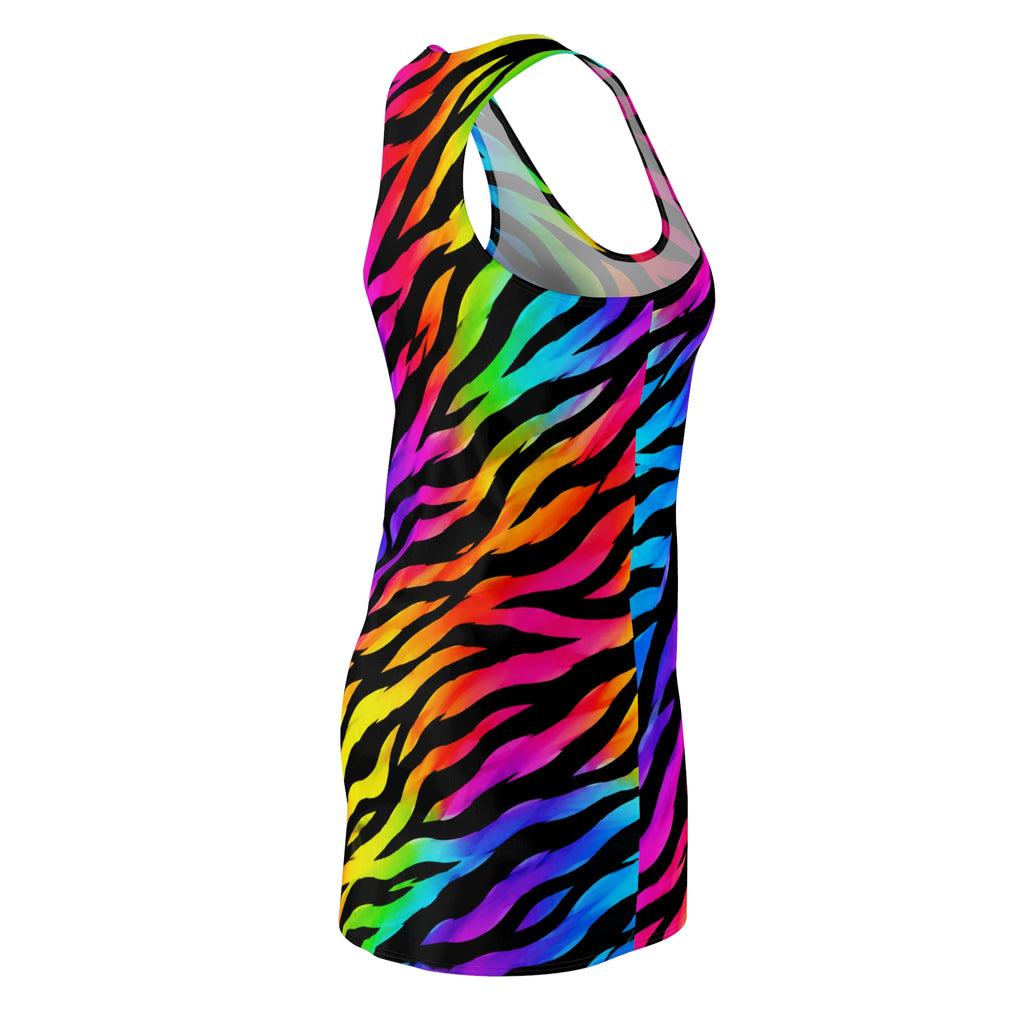 Rainbow Zebra Racerback Dress — Bold Neon Animal Print Sleeveless Dress