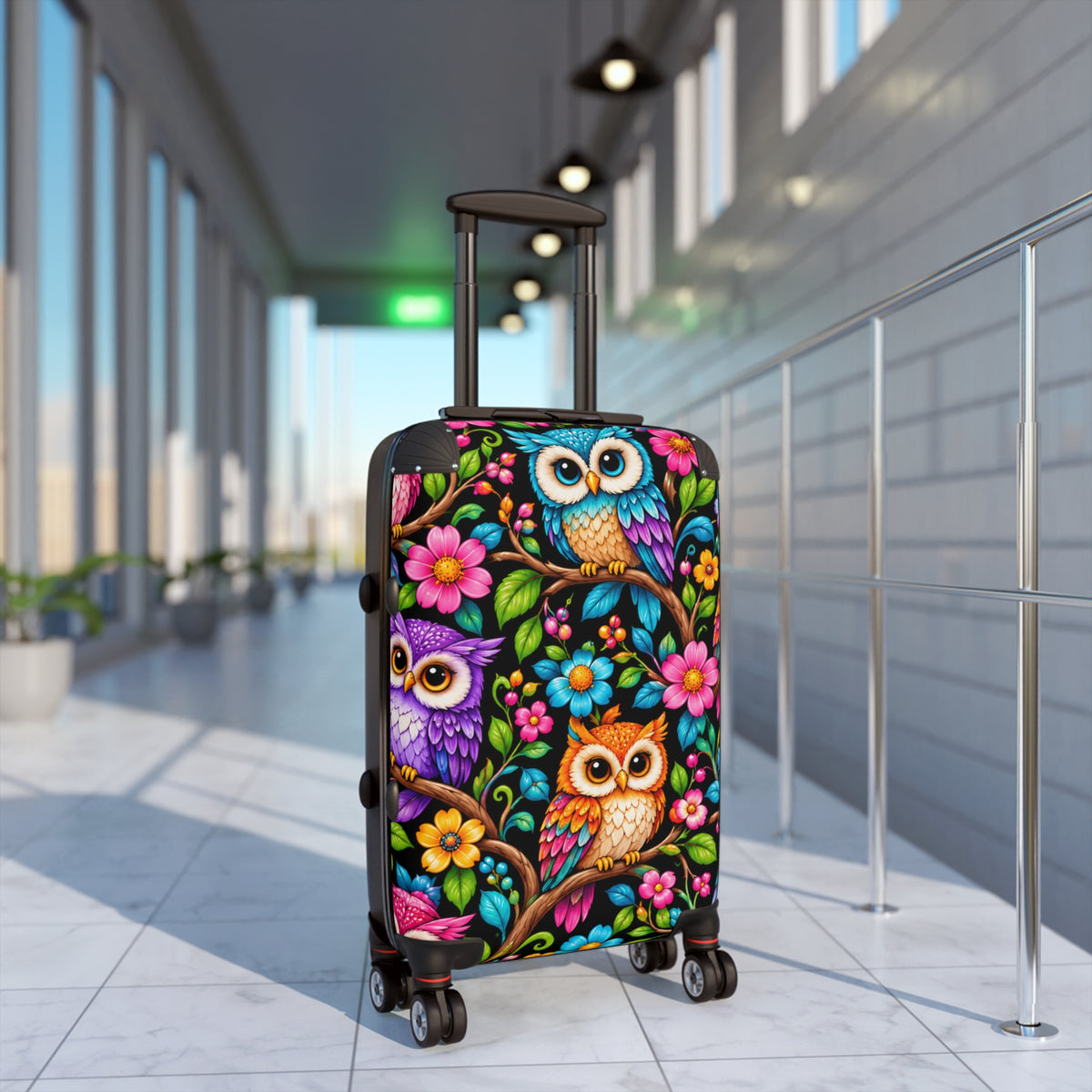 Owl Floral Suitcase — Colorful Travel Luggage with Bright Owl & Flower Print
