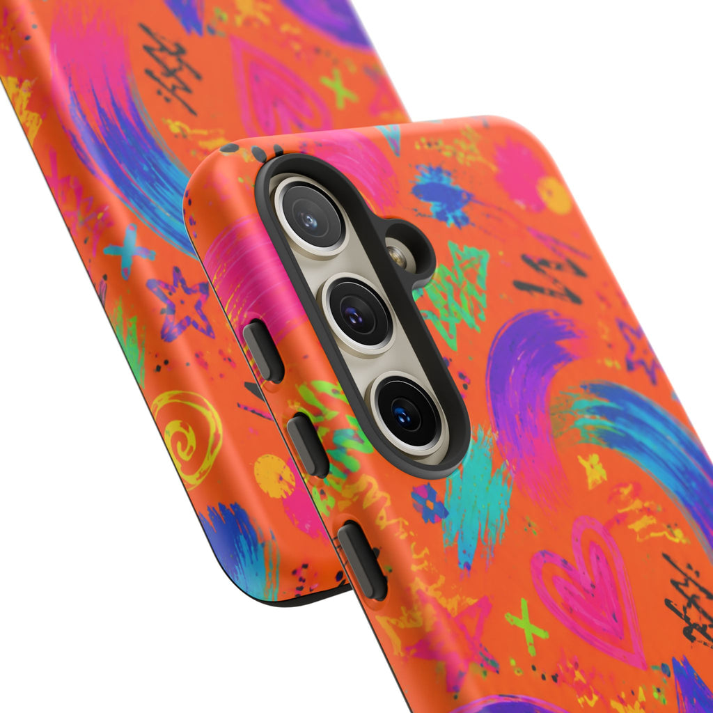 Colorful Neon Doodle Phone Case — Bright Abstract Stars & Hearts Tough Case