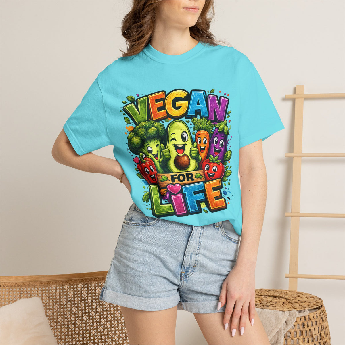 Vegan for Life T-Shirt | Colorful Cartoon Veggies Tee