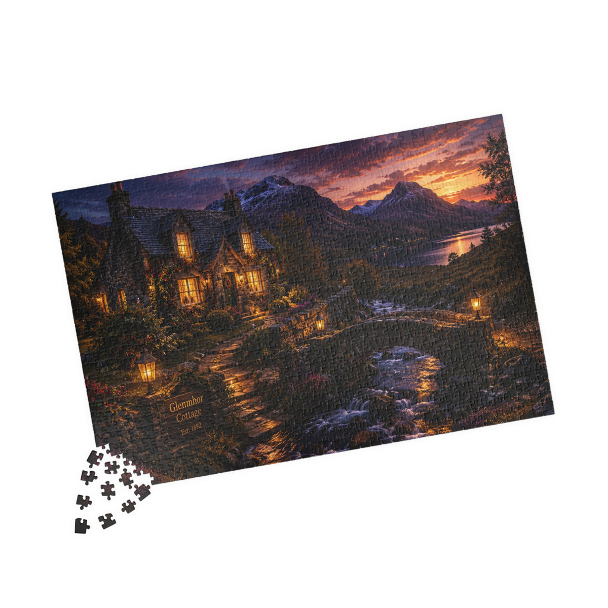 Twilight Lakeside Cottage Puzzle — Scenic 110/252/520/1014-Piece Jigsaw