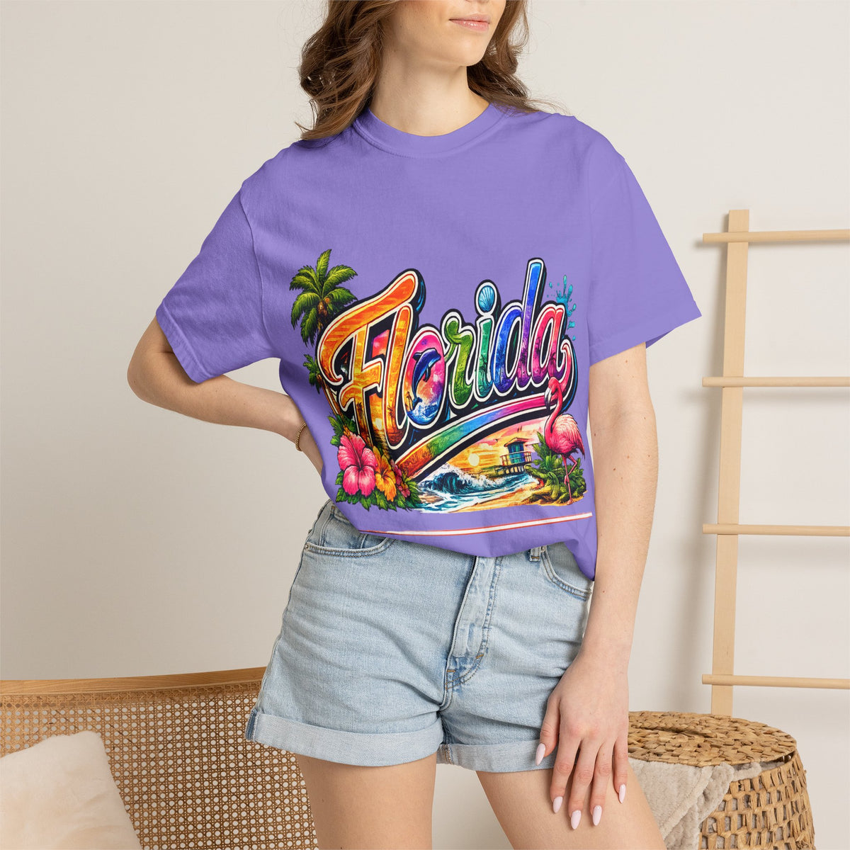 Florida Retro Palm Beach Sunset T-Shirt | Flamingo Hibiscus
