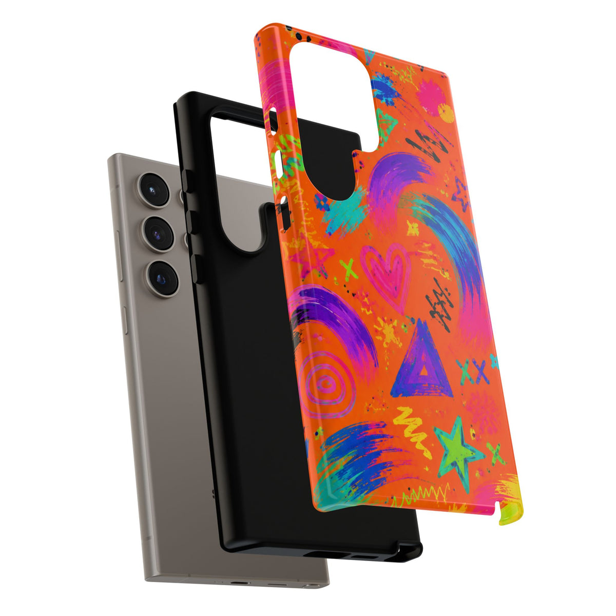 Colorful Neon Doodle Phone Case — Bright Abstract Stars & Hearts Tough Case