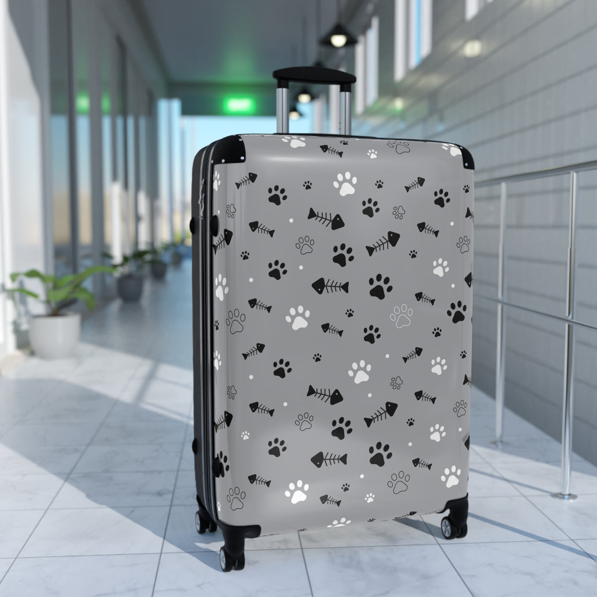 Pet Paw Print Suitcase — Grey Travel Luggage with Cat & Dog Paw Pattern