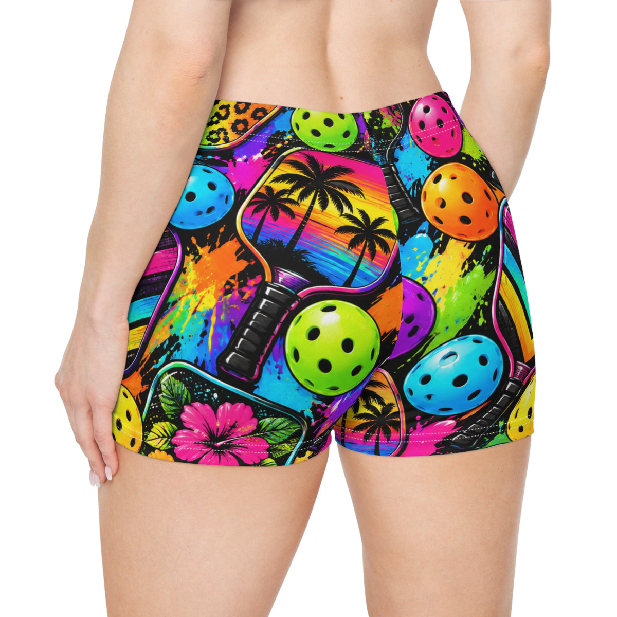 Neon Pickleball Print Women's Shorts — Tropical Palm & Paddle All-Over Print