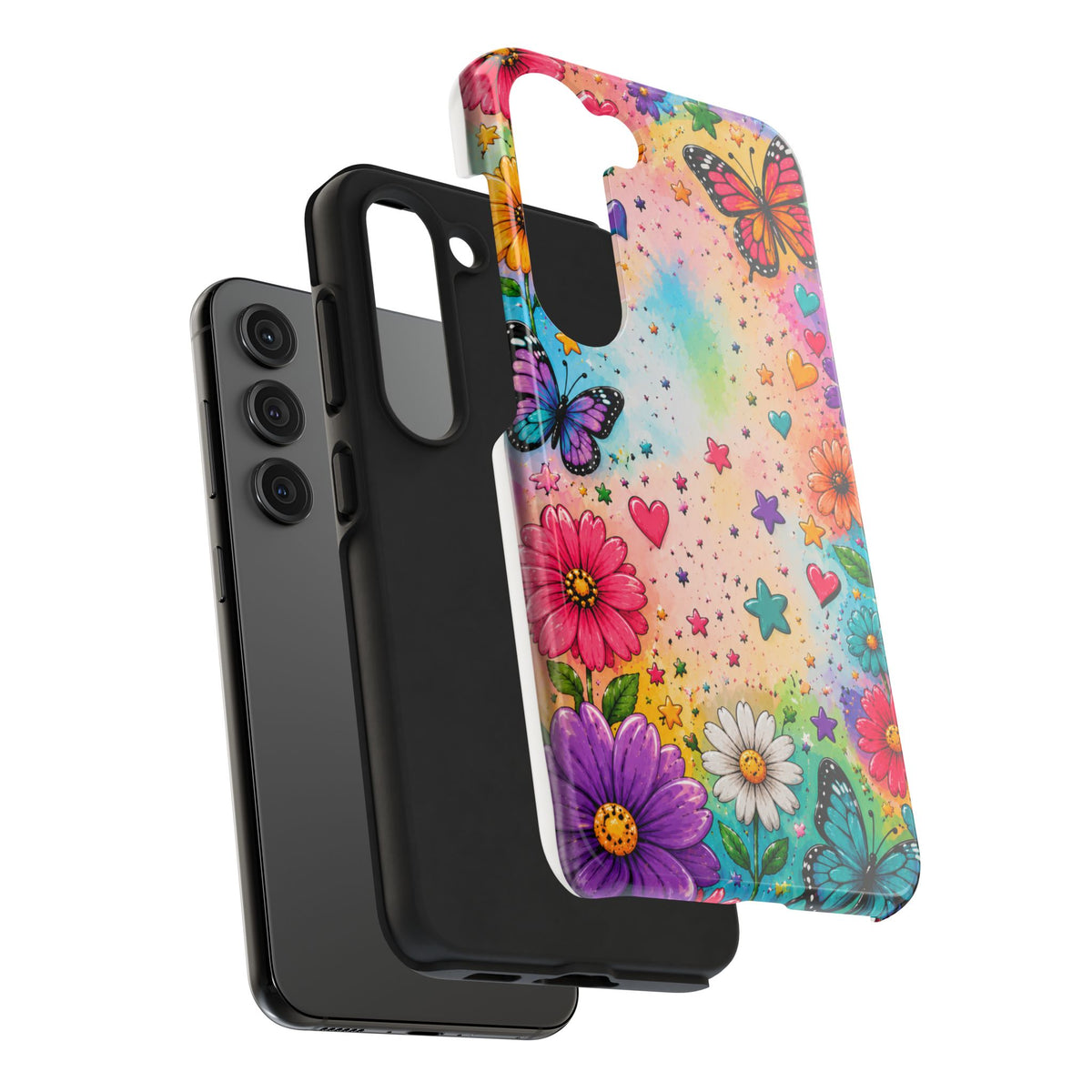 Colorful Butterflies and Flowers Tough Phone Case | Rainbow Hearts Stars
