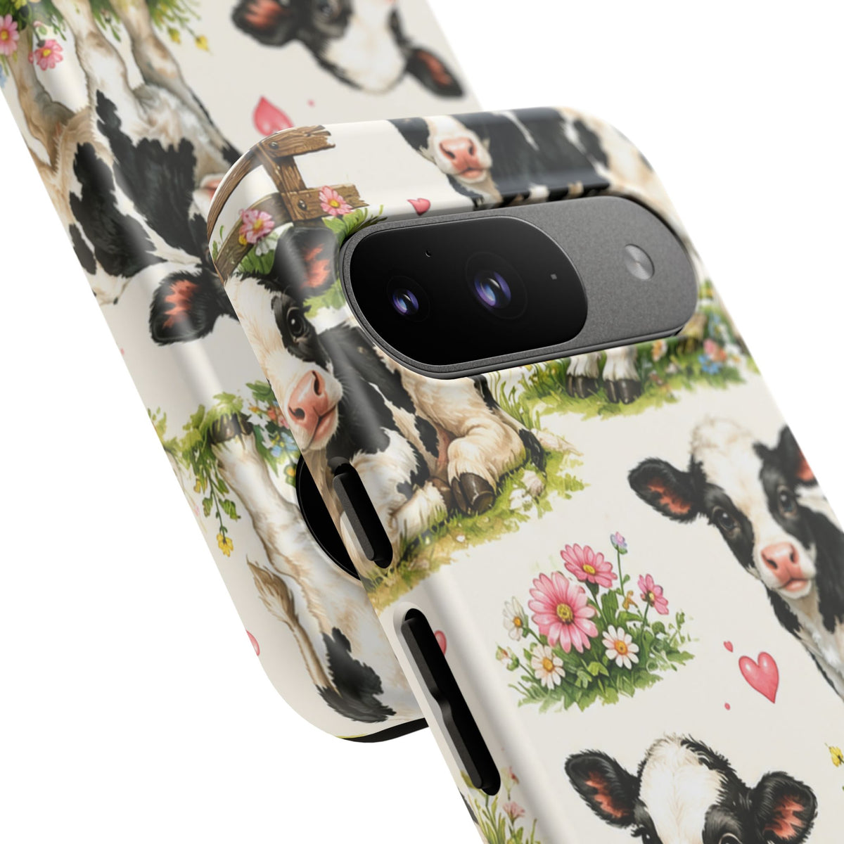 Cute Calf Pattern Phone Case – Pastel Cow Hearts & Flowers Protective Cover