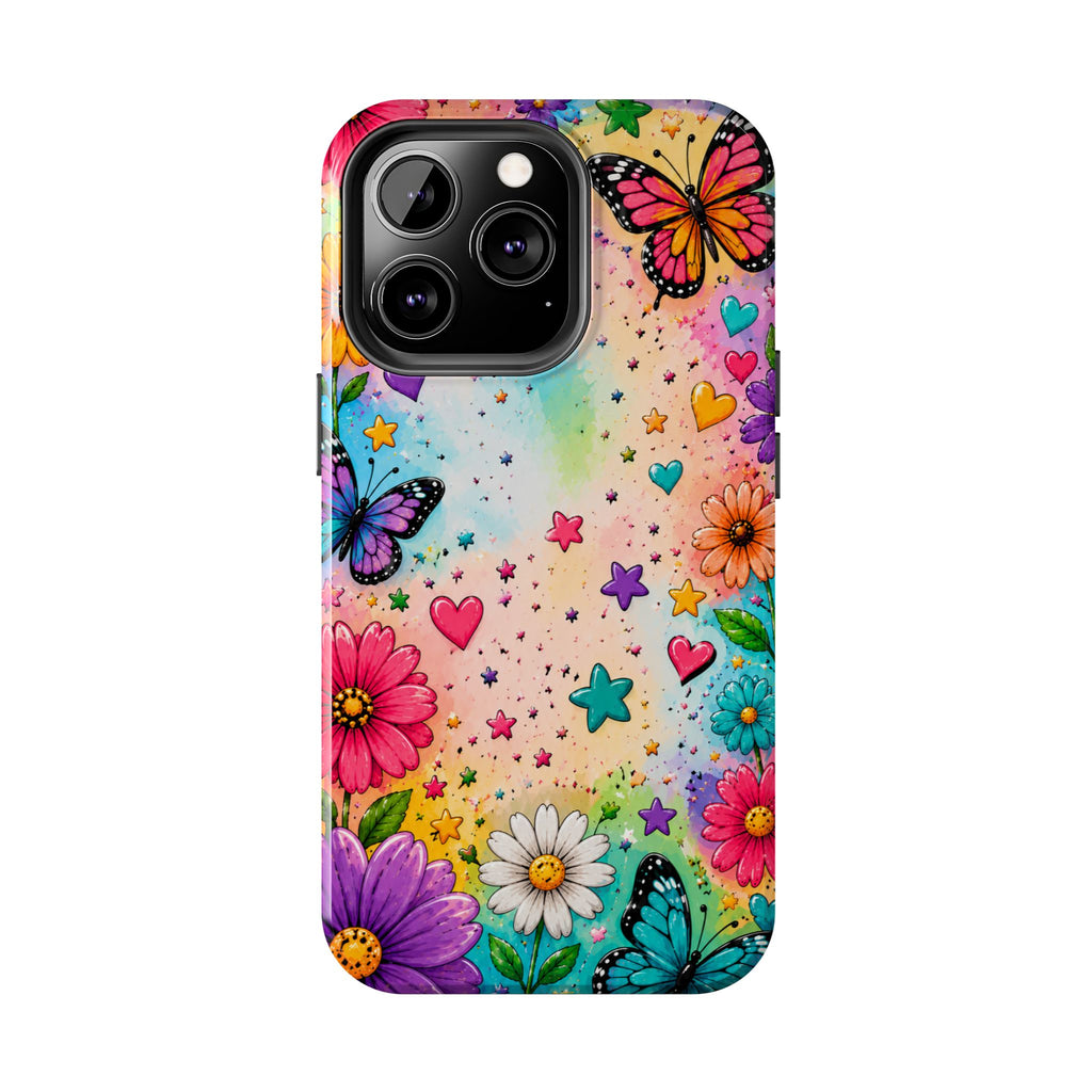 Colorful Butterflies and Flowers Tough Phone Case | Rainbow Hearts Stars