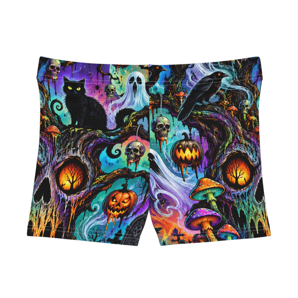 Halloween Allover Print Women's Shorts — Spooky Ghosts, Pumpkins & Black Cat Pattern