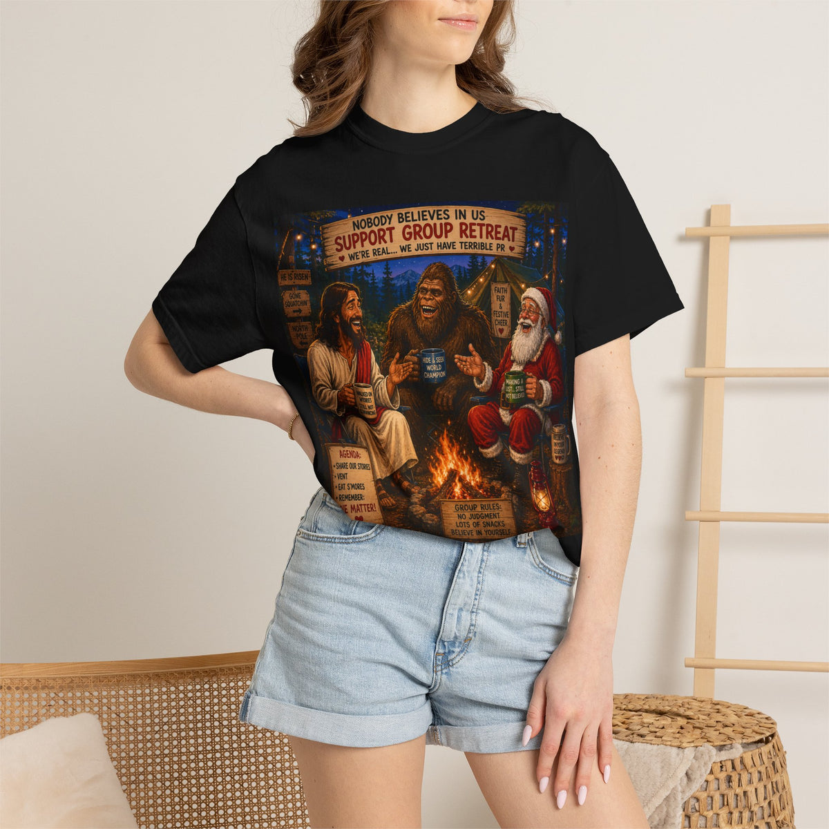 Support Group Retreat T-shirt | Jesus, Bigfoot & Santa Illustration