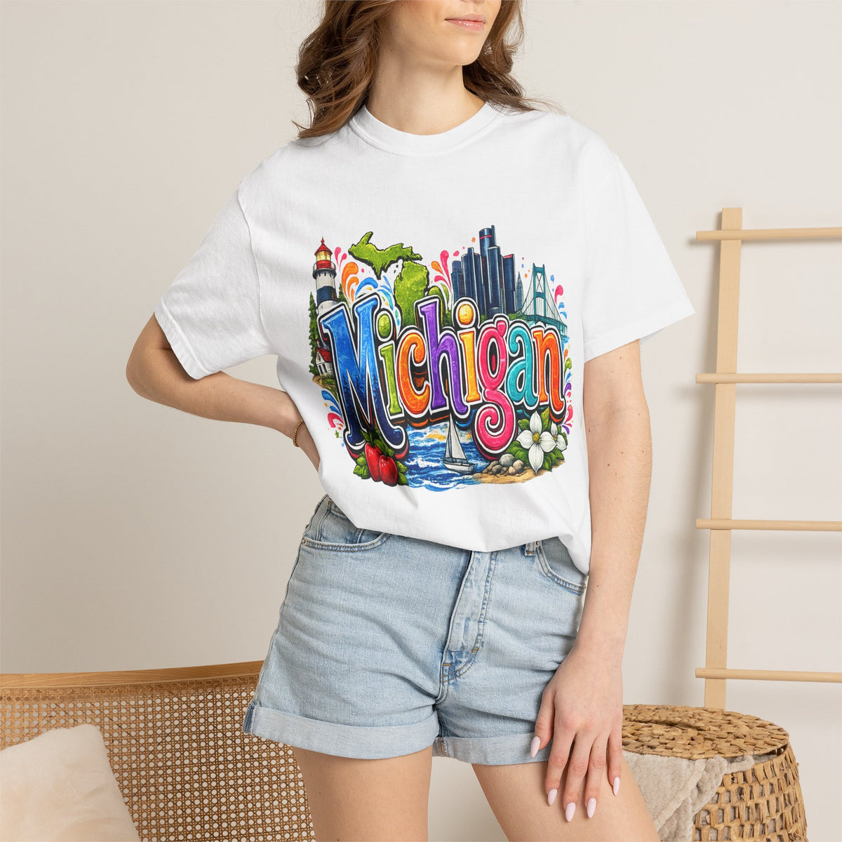 Michigan State Scene T-Shirt | Lighthouse, Skyline, Great Lakes