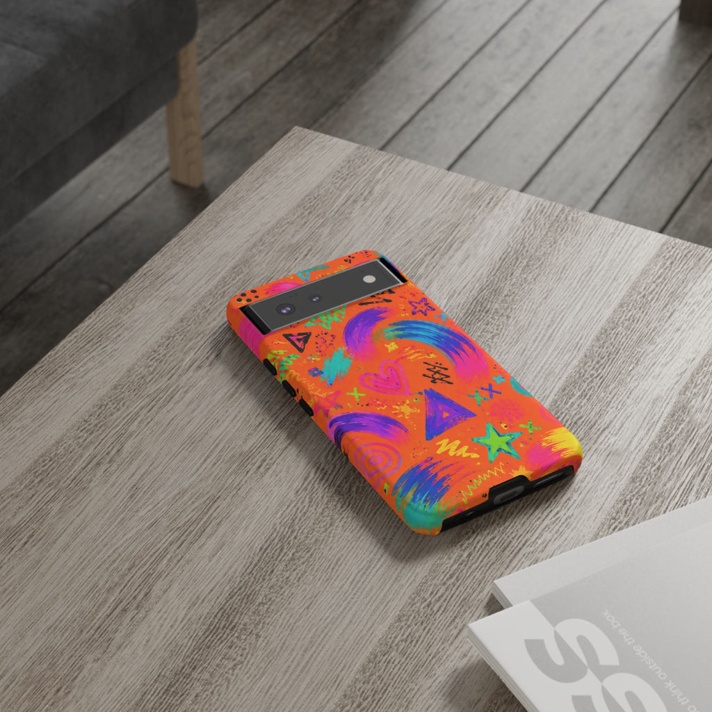 Colorful Neon Doodle Phone Case — Bright Abstract Stars & Hearts Tough Case
