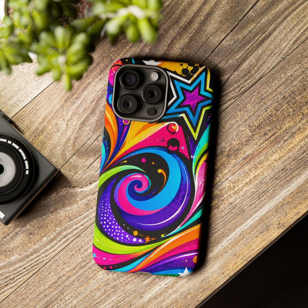 Psychedelic Swirl Phone Case — Bold Retro Stars & Neon Pop Art Tough Case