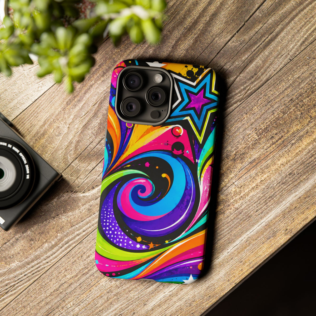 Psychedelic Swirl Phone Case — Bold Retro Stars & Neon Pop Art Tough Case