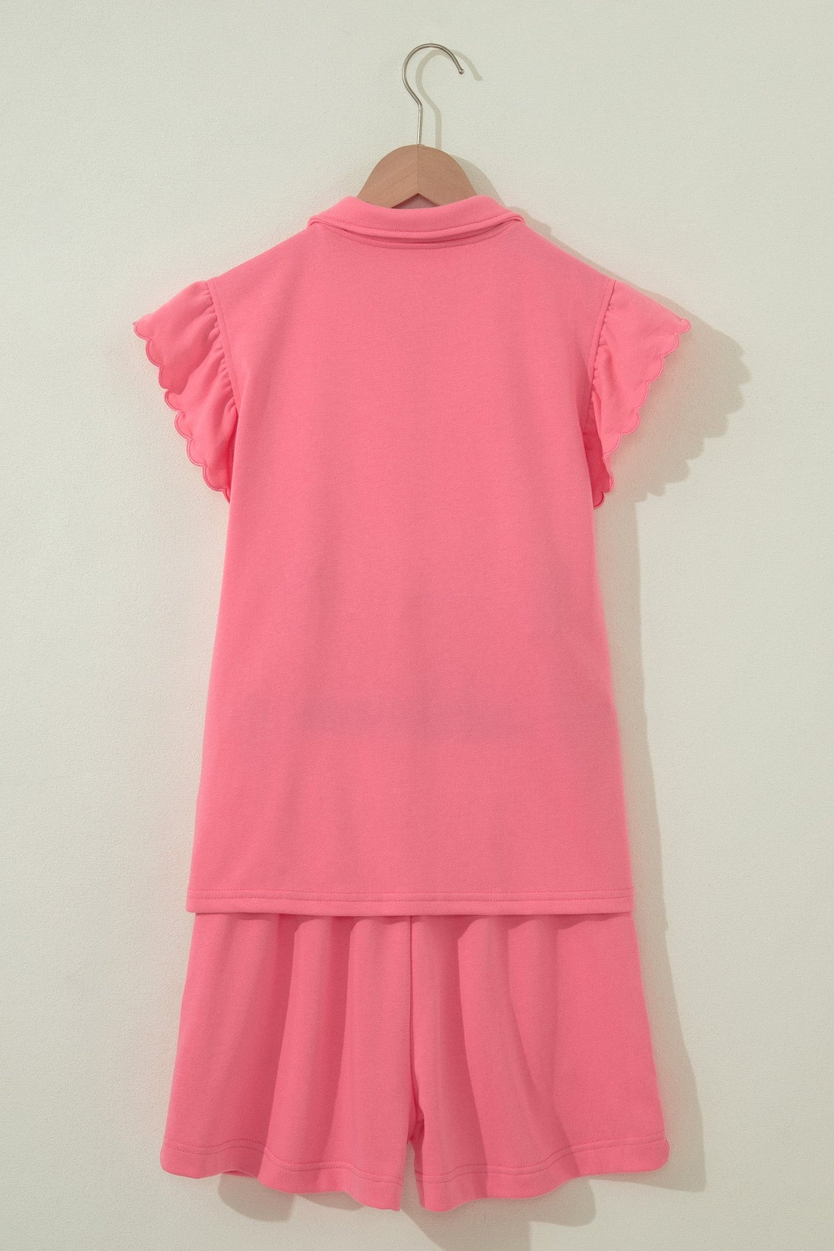 Solid Scalloped Ruffle Half Zip Top & Short Set