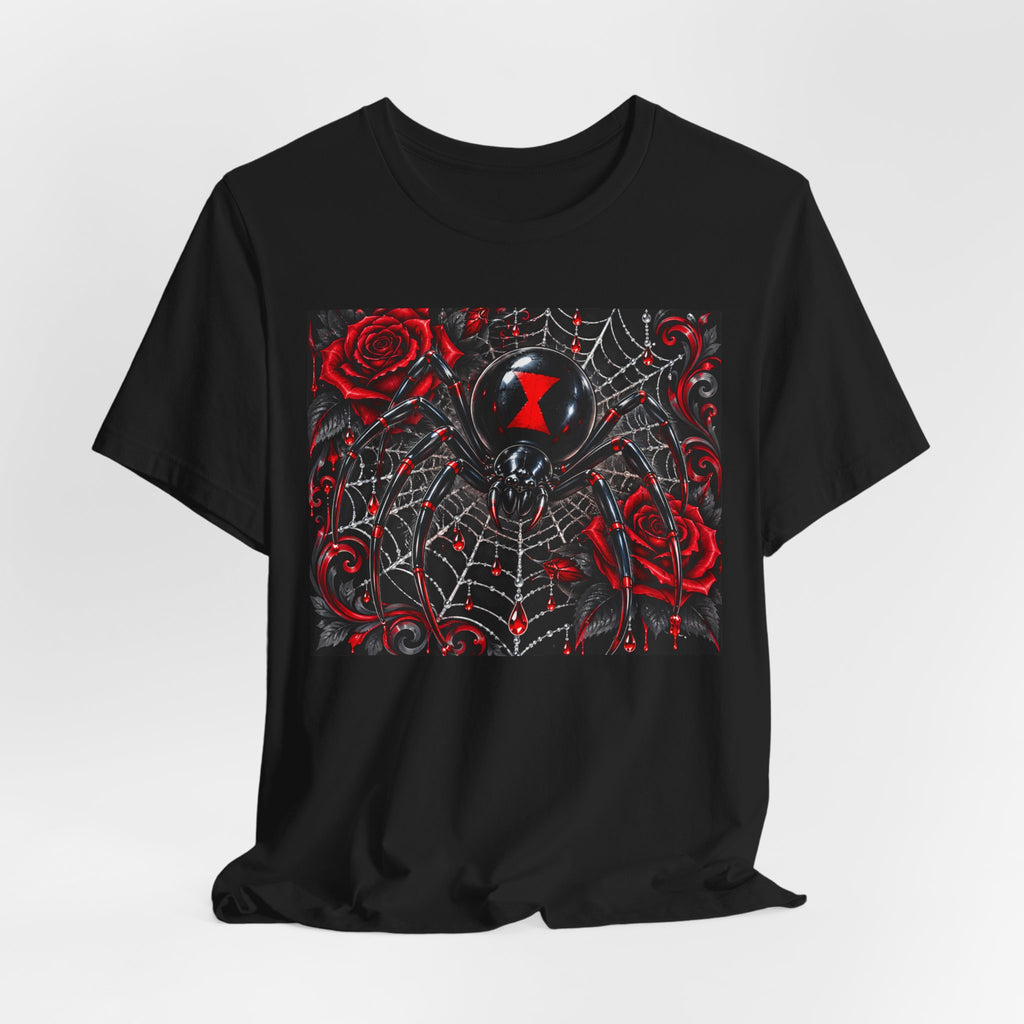 Black Widow Spider Web Tee — Red Roses Gothic Graphic T-Shirt