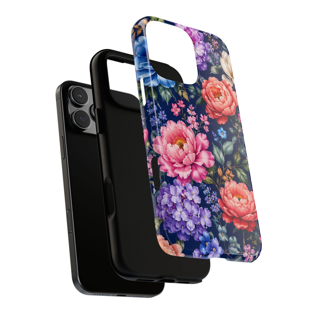 Floral Tough Phone Case – Vibrant Garden Flowers on Navy