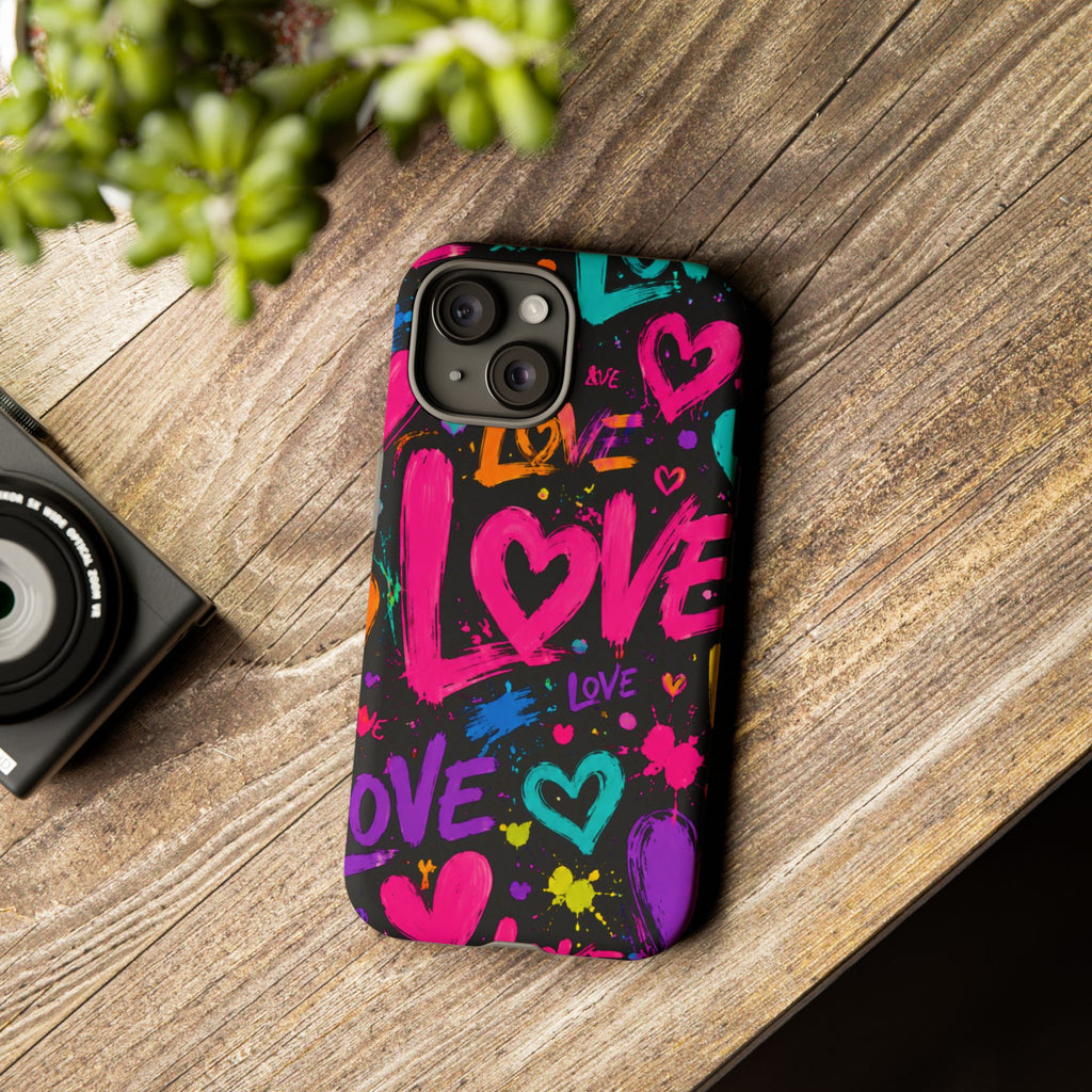 Phone Case — Neon Graffiti "Love" Hearts Protective Tough Case