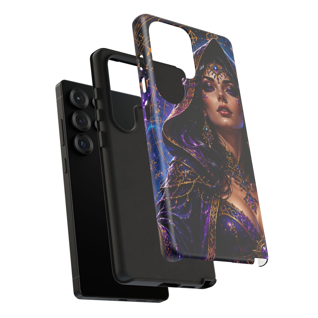 Phone Case — Mystical Sorceress Art Protective Tough Case (Astrology, Purple Hooded Witch)
