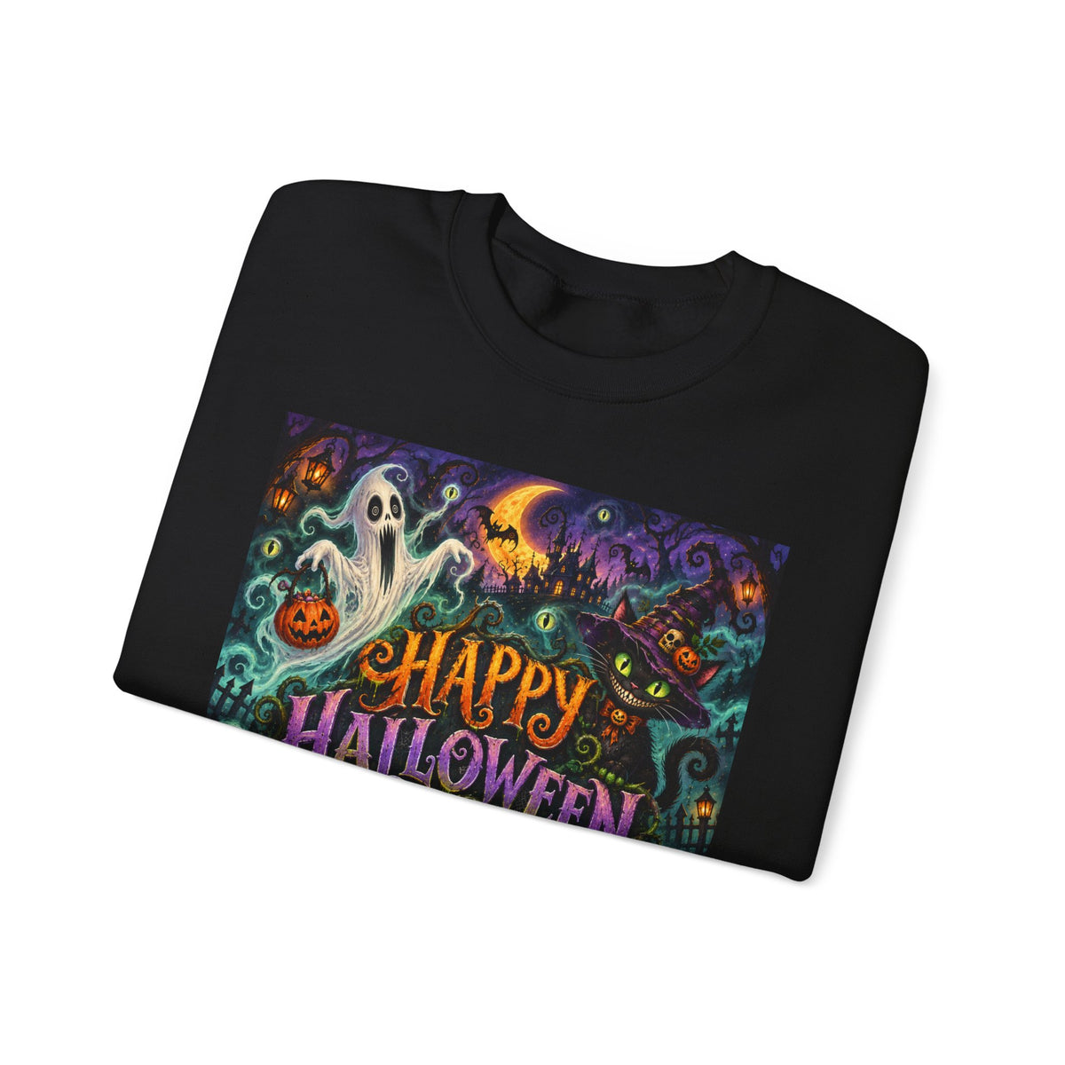 Happy Halloween Crewneck Sweatshirt — Spooky Pumpkin & Ghosts Halloween Sweater