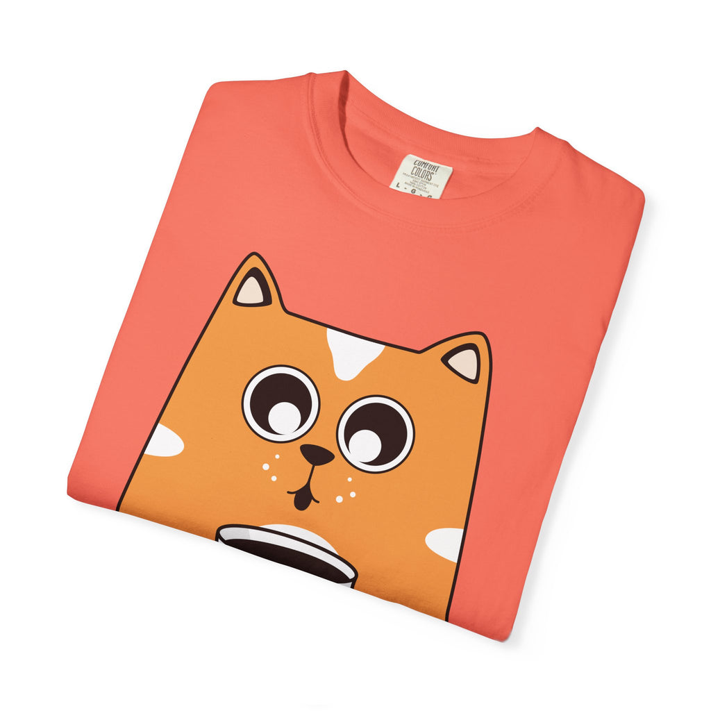 Coffee Cat T-Shirt — Cute Cat Holding Coffee Mug, “My morning doesn’t start until the coffee clocks in” Tee