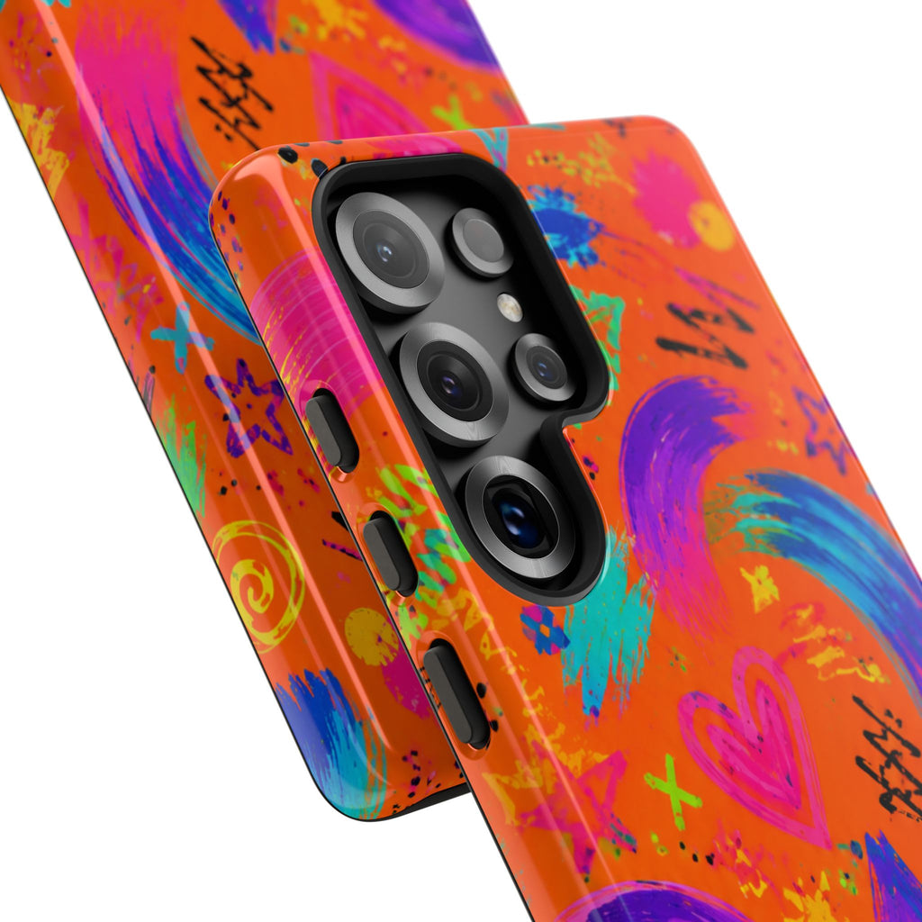 Colorful Neon Doodle Phone Case — Bright Abstract Stars & Hearts Tough Case