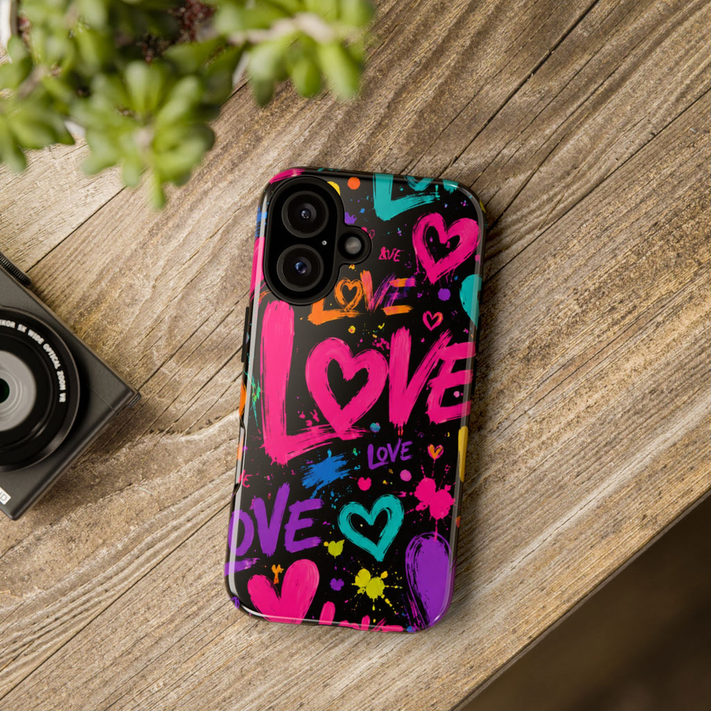 Phone Case — Neon Graffiti "Love" Hearts Protective Tough Case