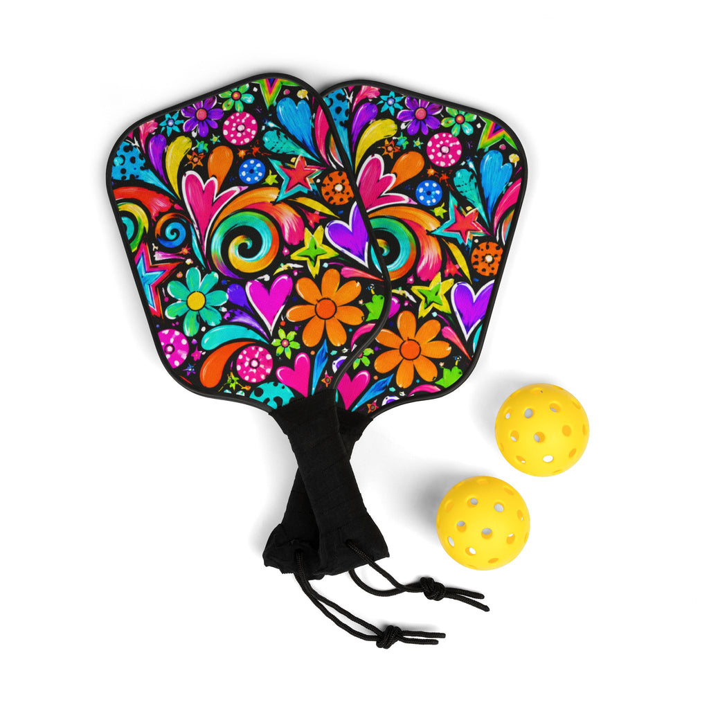 Floral Psychedelic Pickleball Paddles & Balls Set — Colorful Hearts & Flowers Design