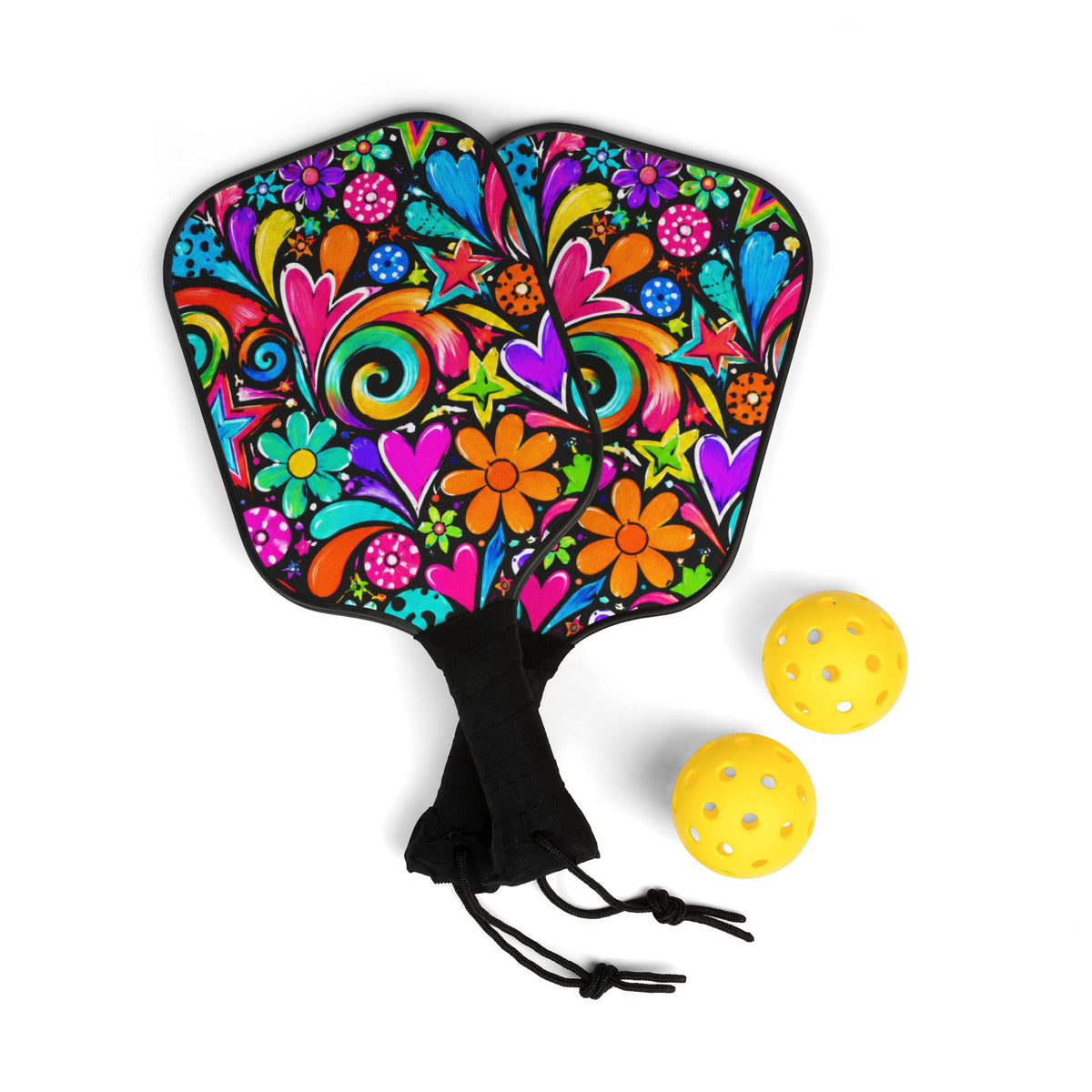 Floral Psychedelic Pickleball Paddles & Balls Set — Colorful Hearts & Flowers Design