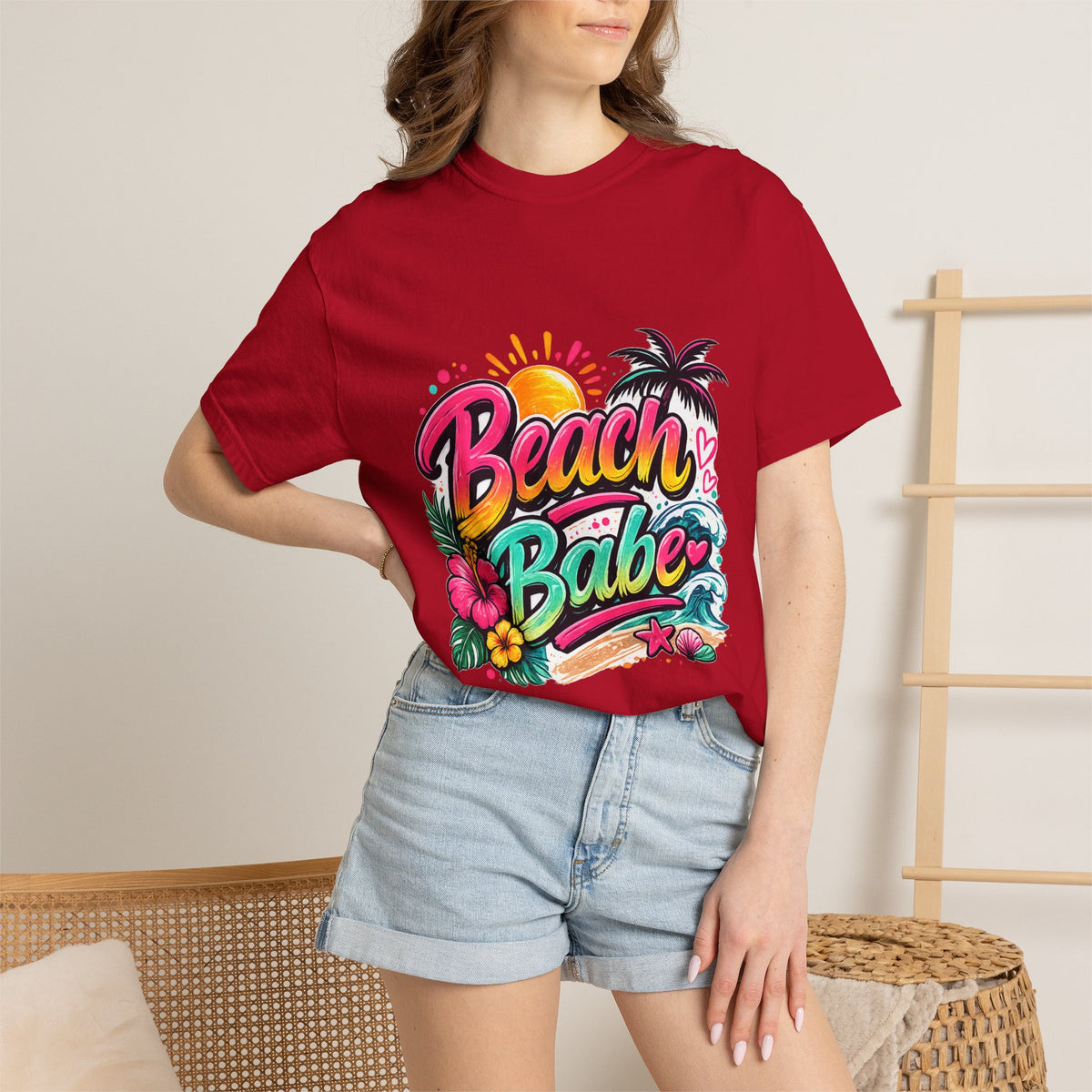 Beach Babe T-shirt | Tropical Palm Hibiscus Sunset Design