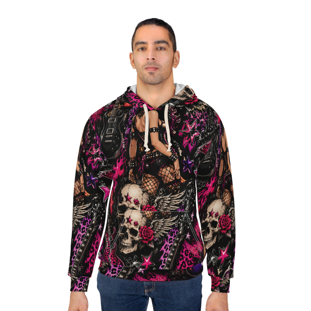 Rockabilly Skull & Rose Hoodie — All-Over Print Punk Pullover